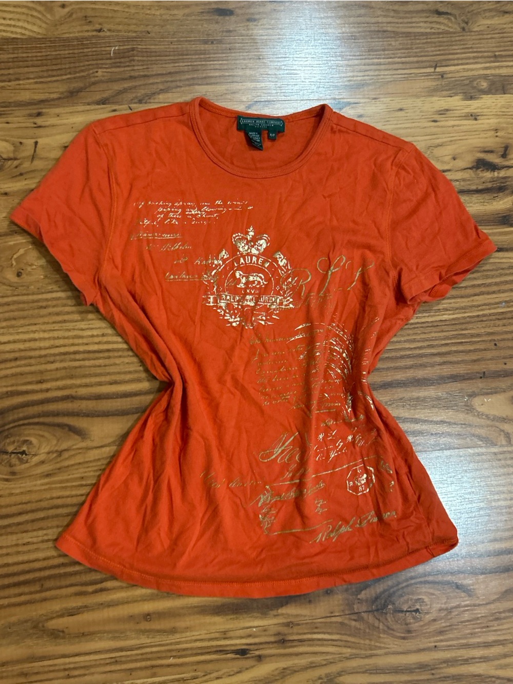 Vintage Ralph Lauren Orange Short Sleeve Tee with Gold Script Detail